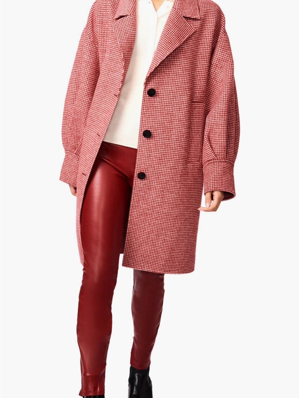 Bernardo Houndstooth Red Check Wool Blend Coat